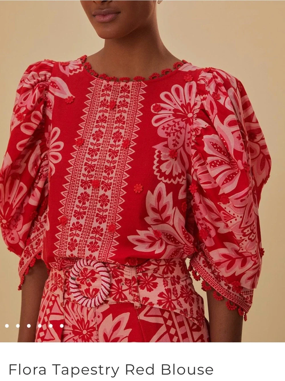 FARM RIO Flora Tapestry Appliqué Puff Sleeve Red Beaded Button Back Blouse XS S